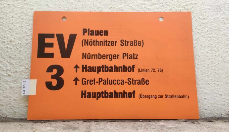 EV 3 Plauen (Nöth­nitzer Straße) – Haupt­bahnhof (Linien 72, 76) – Haupt­bahnhof (Übergang zur Stra­ßen­bahn)