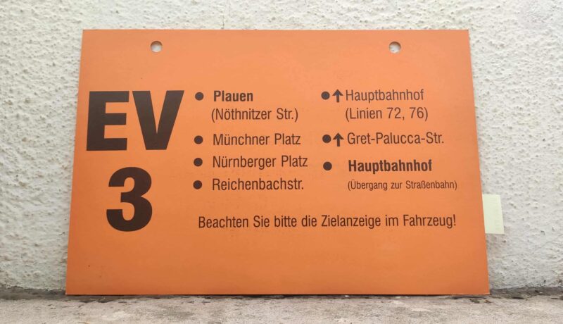 EV 3 Plauen (Nöth­nitzer Straße) – Haupt­bahnhof (Linien 72, 76) – Haupt­bahnhof (Übergang zur Stra­ßen­bahn)
