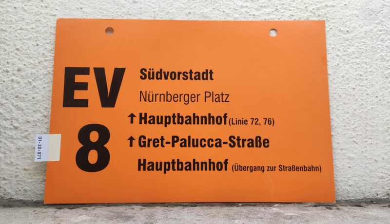 EV 8 Süd­vor­stadt – Haupt­bahnhof (Linien 72, 76) – Gret-Palucca-Straße – Haupt­bahnhof (Übergang zur Stra­ßen­bahn)
