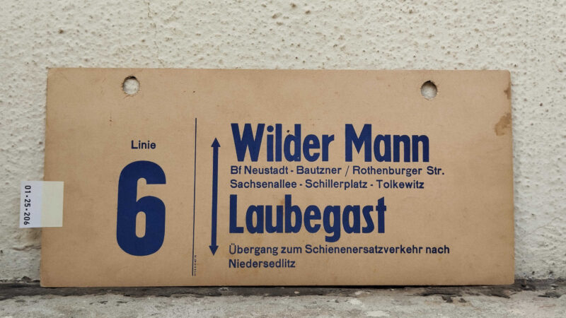 Linie 6 Wilder Mann – Laubegast Übergang zum Schie­nen­er­satz­ver­kehr nach Nie­der­sedlitz