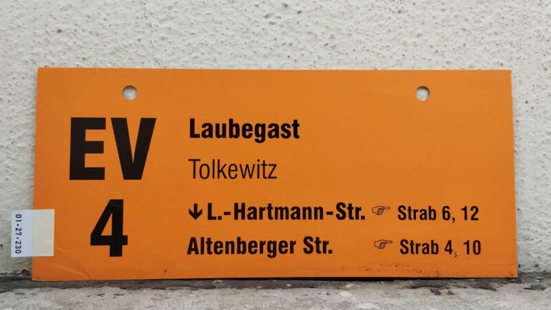 EV 4 Laubegast – L.-Hartmann-Str. [Zei­ge­finger] Strab 6, 12 – Alten­berger Str. [Zei­ge­finger] Strab 4, 10