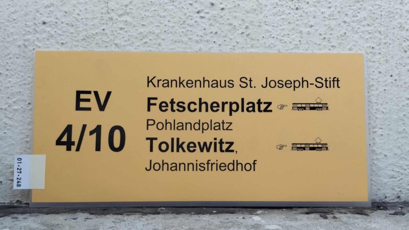 EV 4/​10 Kran­ken­haus St. Joseph-Stift – Fet­scher­platz [Zei­ge­finger] [TRAM alt] – Tolkewitz, [Zei­ge­finger] [TRAM alt] Johan­nis­friedhof