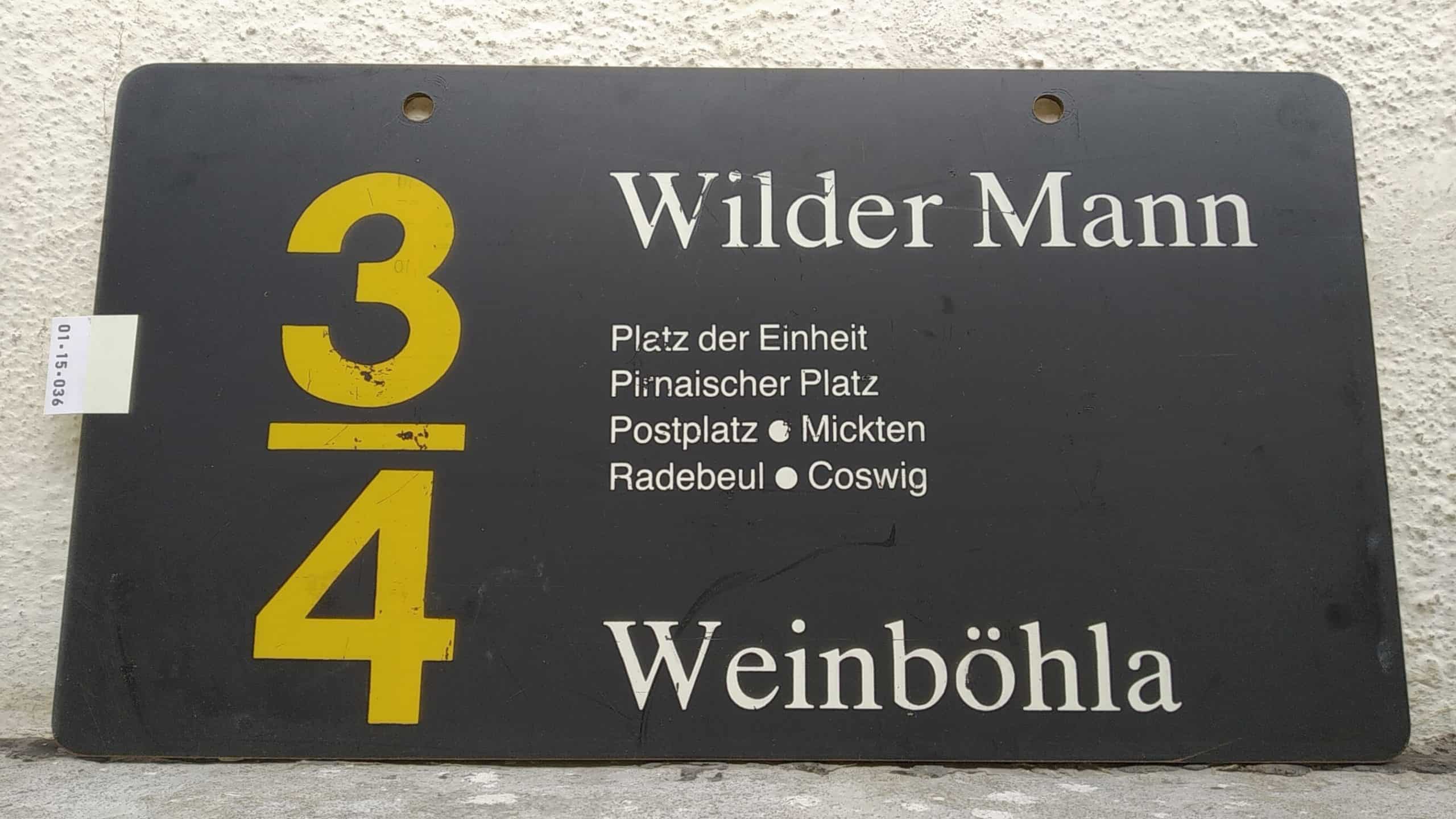 Ein seltenes Straßenbahn-Linienschild aus Dresden der Linie 3/4 von Wilder Mann nach Weinböhla #1