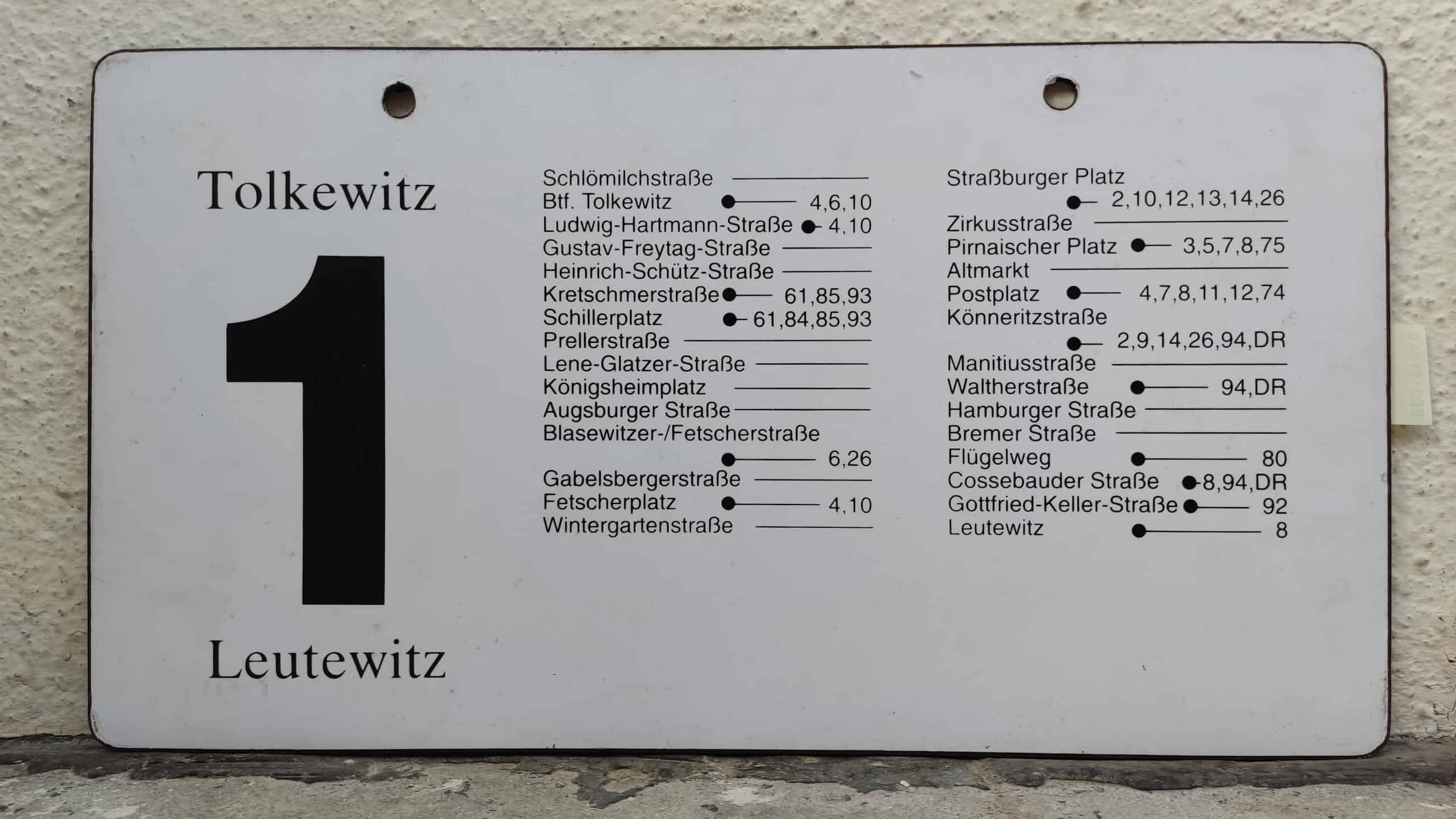 Ein seltenes Straßenbahn-Linienschild aus Dresden der Linie 1 von Tolkewitz nach Leutewitz #2