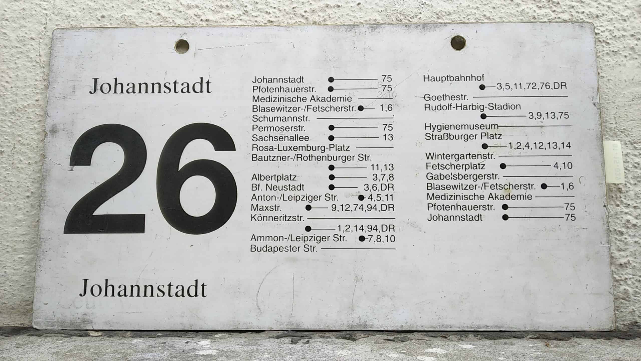 Ein seltenes Straßenbahn-Linienschild aus Dresden der Linie 26 Ringlinie über Sachsenallee Johannstadt #2