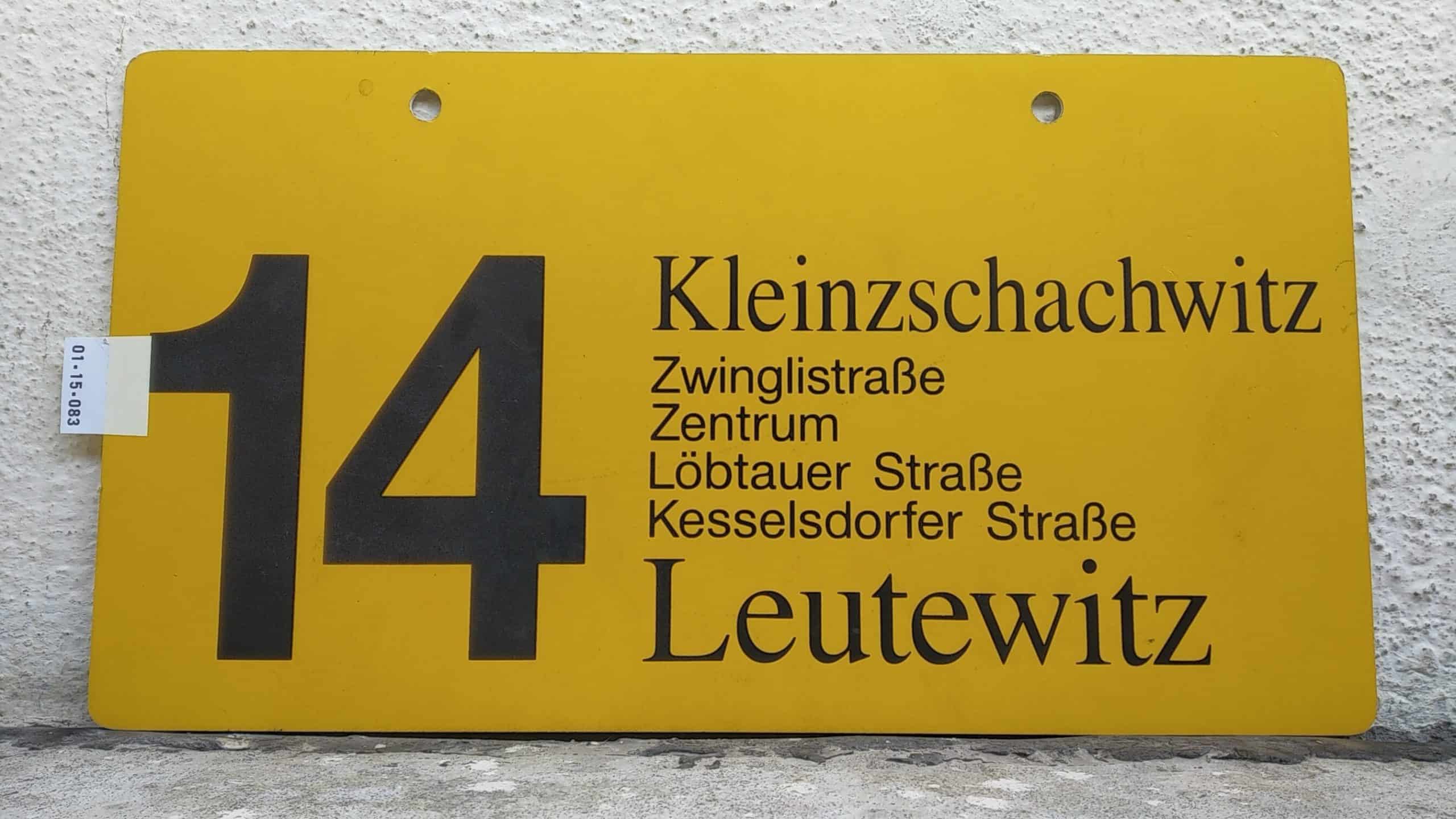 Ein seltenes Straßenbahn-Linienschild aus Dresden der Linie 14 von Kleinzschachwitz nach Leutewitz #1