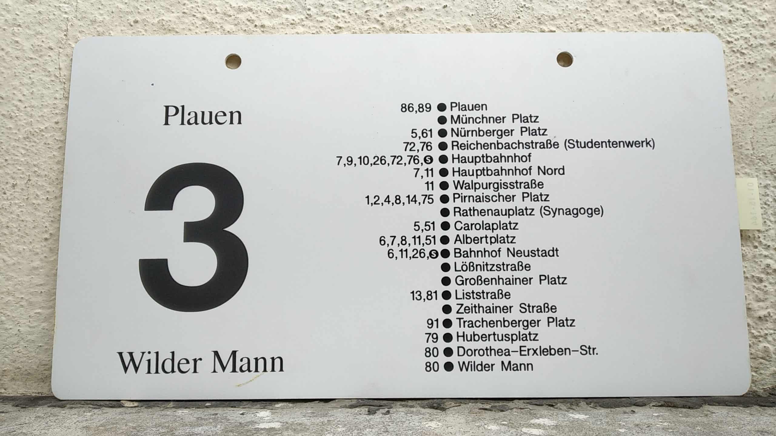 Ein seltenes Straßenbahn-Linienschild aus Dresden der Linie 3 von Plauen nach Wilder Mann #2