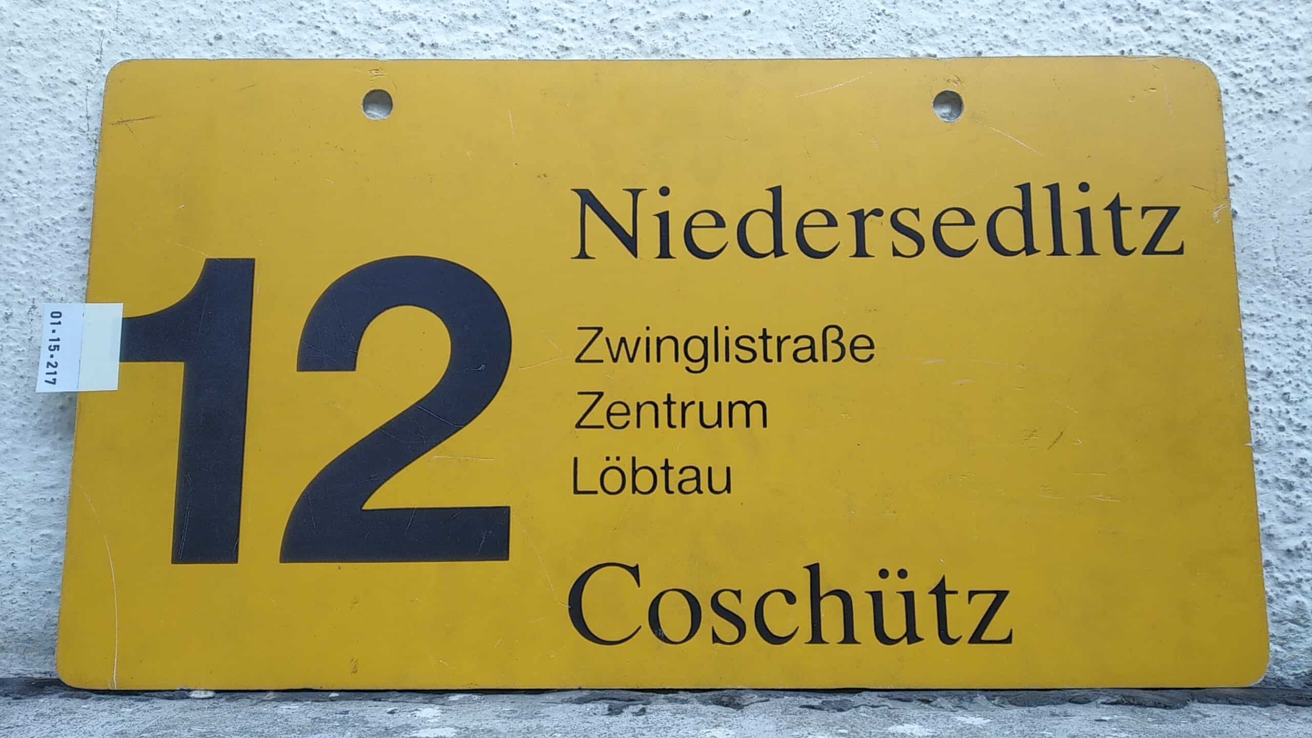 Ein seltenes Straßenbahn-Linienschild aus Dresden der Linie 12 von Niedersedlitz nach Coschütz #1