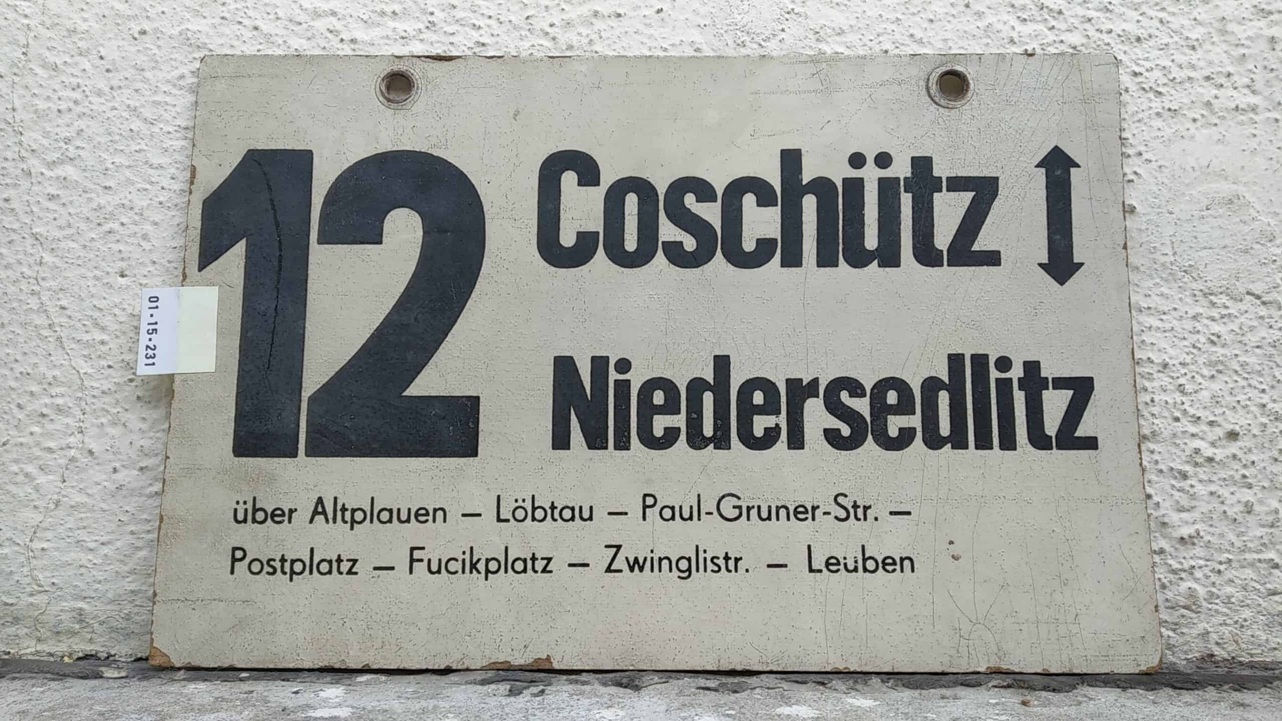 Ein seltenes Straßenbahn-Linienschild aus Dresden der Linie 12 von Coschütz nach Niedersedlitz #1