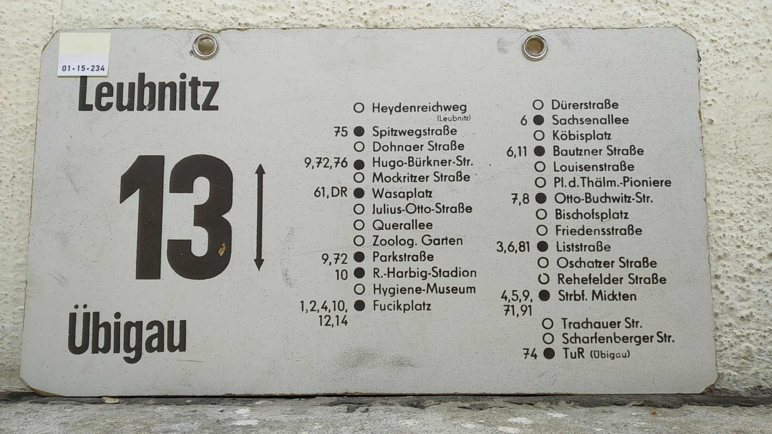 Ein seltenes Straßenbahn-Linienschild aus Dresden der Linie 13 von Leubnitz nach Übigau #2