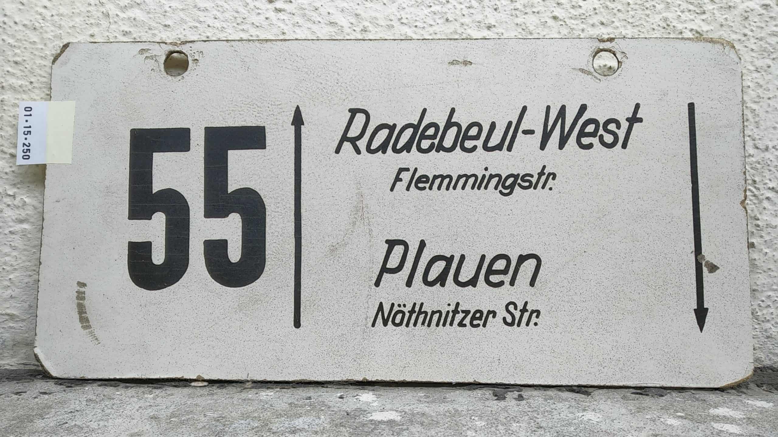Ein seltenes Straßenbahn-Linienschild aus Dresden der Linie 55 von RadebeulnachWest Flemmingstr. nach Plauen Nöthnitzer Str. #1