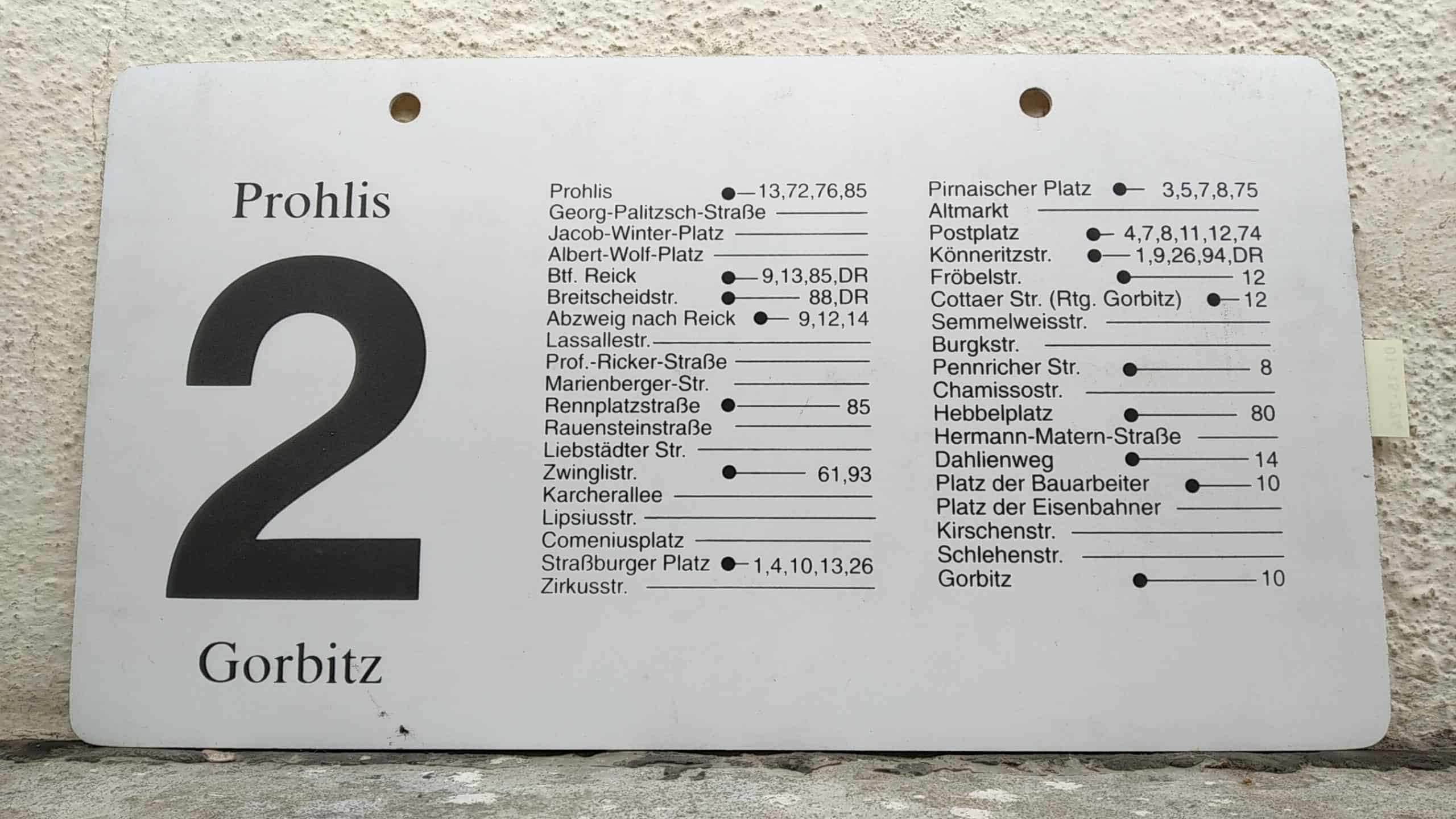 Ein seltenes Straßenbahn-Linienschild aus Dresden der Linie 2 von Prohlis nach Gorbitz #2