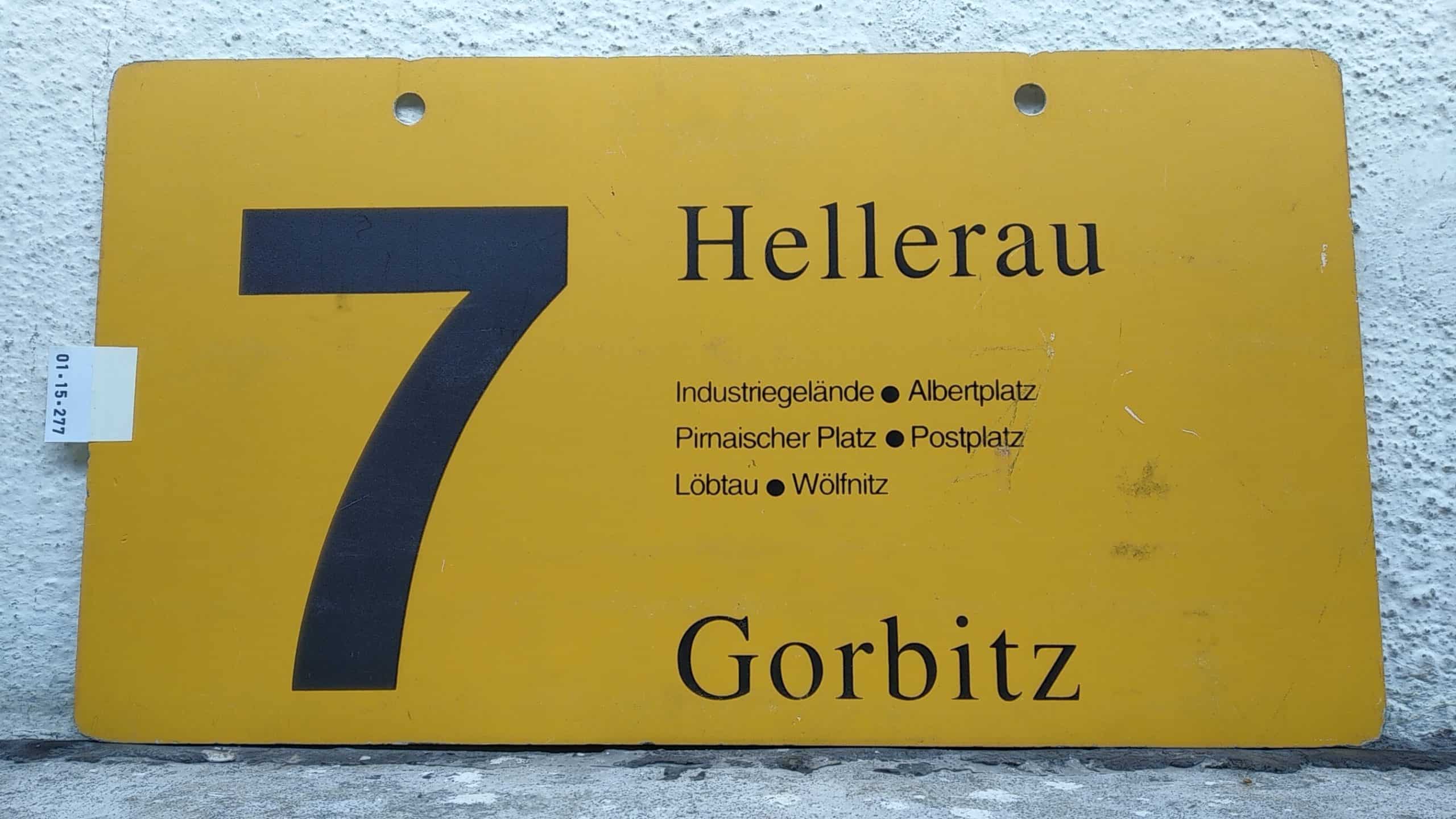 Ein seltenes Straßenbahn-Linienschild aus Dresden der Linie 7 von Hellerau nach Gorbitz #1