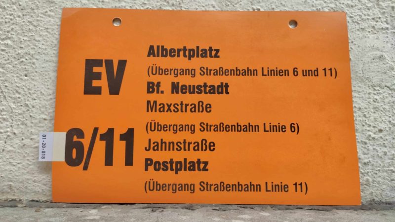 EV 6/​11 Albert­platz (Übergang Stra­ßen­bahn Linien 6 und 11) – Postplatz (Übergang Stra­ßen­bahn Linie 11)
