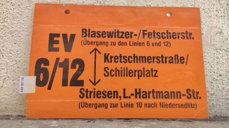 EV 6/​12 Bla­se­witzer-/Fet­scherstr. (Übergang zu den Linien 6 und 12) – Striesen, L.-Hartmann-Str. (Übergang zur Linie 10 nach Nie­der­sedlitz)