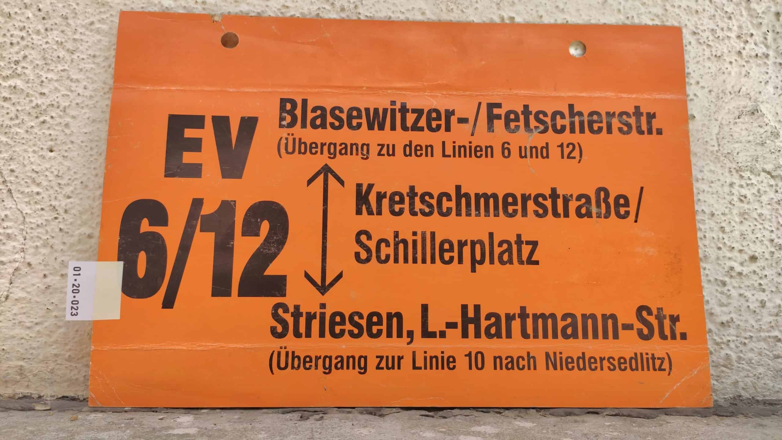 EV 6/12 Blasewitzer-/Fetscherstr. (Übergang zu den Linien 6 und 12) – Striesen, L.-Hartmann-Str. (Übergang zur Linie 10 nach Niedersedlitz)