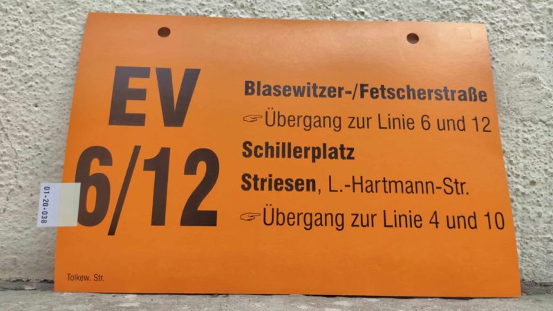 EV 6/​12 Bla­se­witzer-/Fet­scher­straße [Zeigefinger]Übergang zur Linie 6 und 12 – Striesen, L.-Hartmann-Str. [Zeigefinger]Übergang zur Linie 4 und 10
