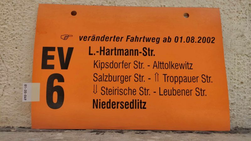 EV 6 [Zei­ge­finger] ver­än­derter Fahrtweg ab 01.08.2002 L.-Hartmann-Str. – Nie­der­sedlitz
