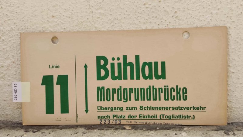 Linie 11 Bühlau – Mord­grund­brücke Übergang zum Schie­nen­er­satz­ver­kehr nach Platz der Einheit (Togliat­tistr.)