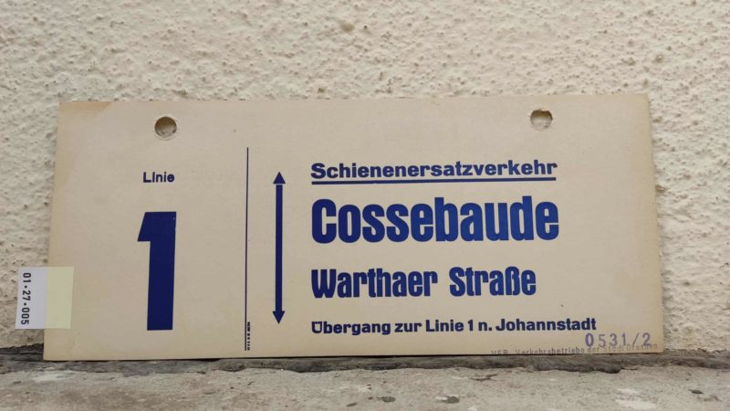 Linie 1 Schie­nen­er­satz­ver­kehr Cos­se­baude – Warthaer Straße Übergang zur Linie 1 n. Johann­stadt