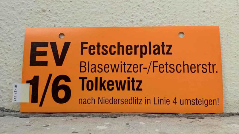 EV 1/​6 Fet­scher­platz – Tolkewitz nach Nie­der­sedlitz in Linie 4 umsteigen!