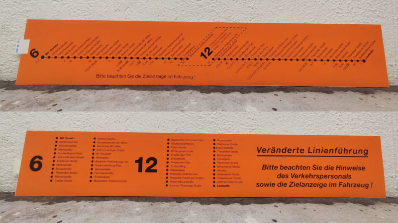 6 Btf. Gorbitz – Bla­se­witzer-/Fet­scher­straße  Übergang zum EV in Richtung Schil­ler­platz – Striesen, L.-Hartmann-Straße 12 Bla­se­witzer-/Fet­scher­straße – Leutewitz