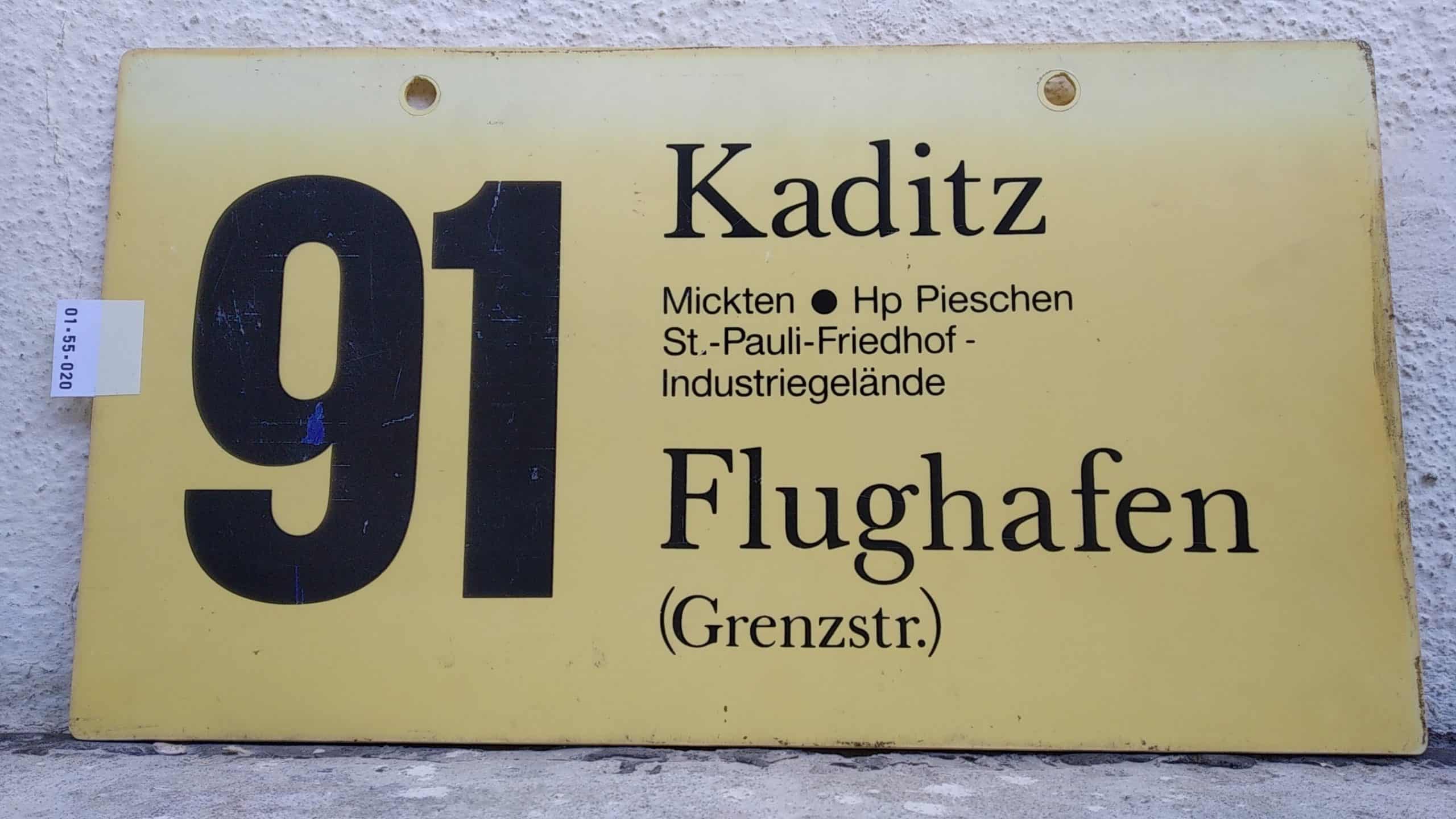 Ein seltenes Bus-Linienschild aus Dresden der Linie 91 von Kaditz nach Flughafen (Grenzstr.) #1