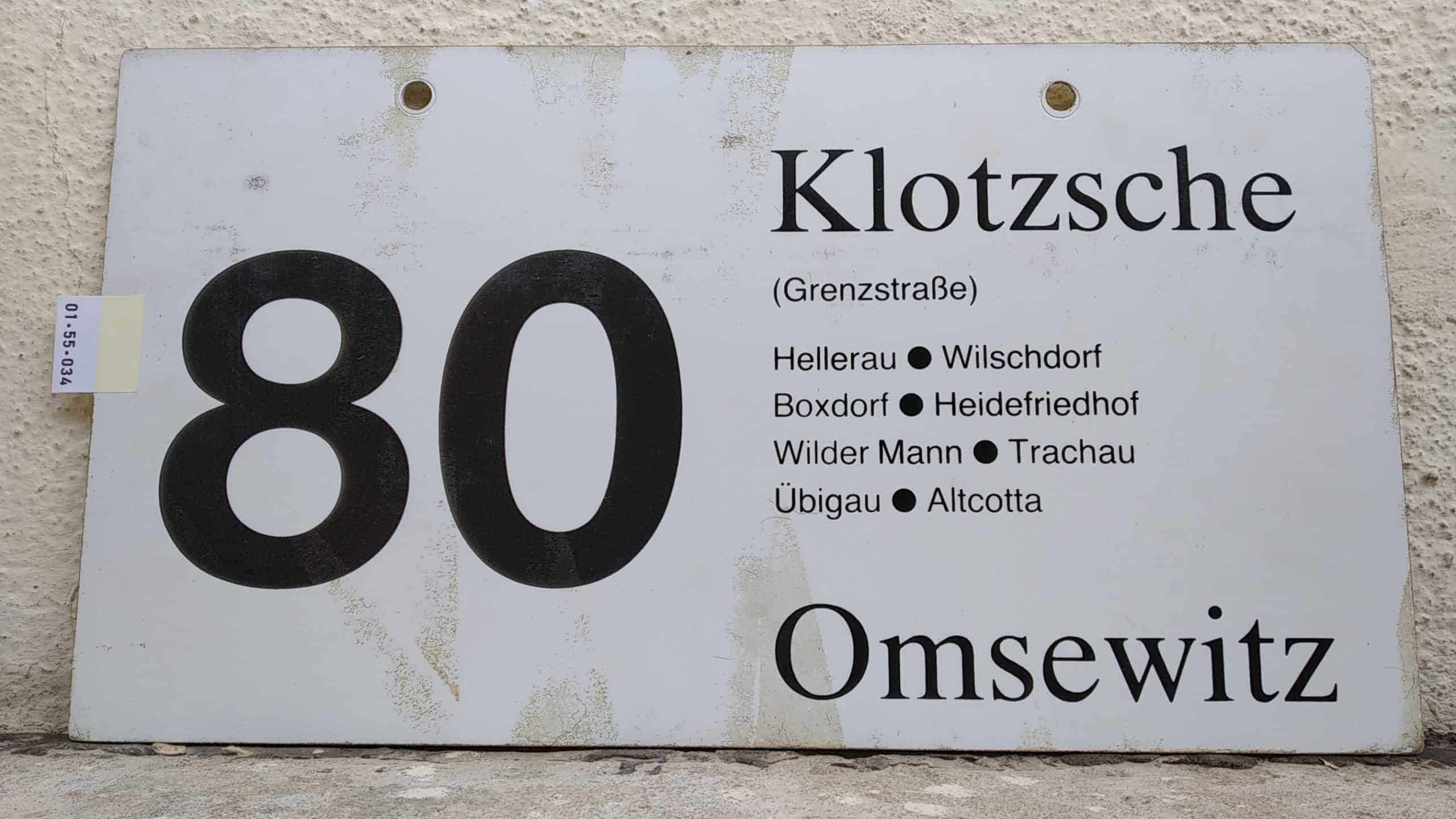 Ein seltenes Bus-Linienschild aus Dresden der Linie 80 von Klotzsche (Grenzstraße) nach Omsewitz #1
