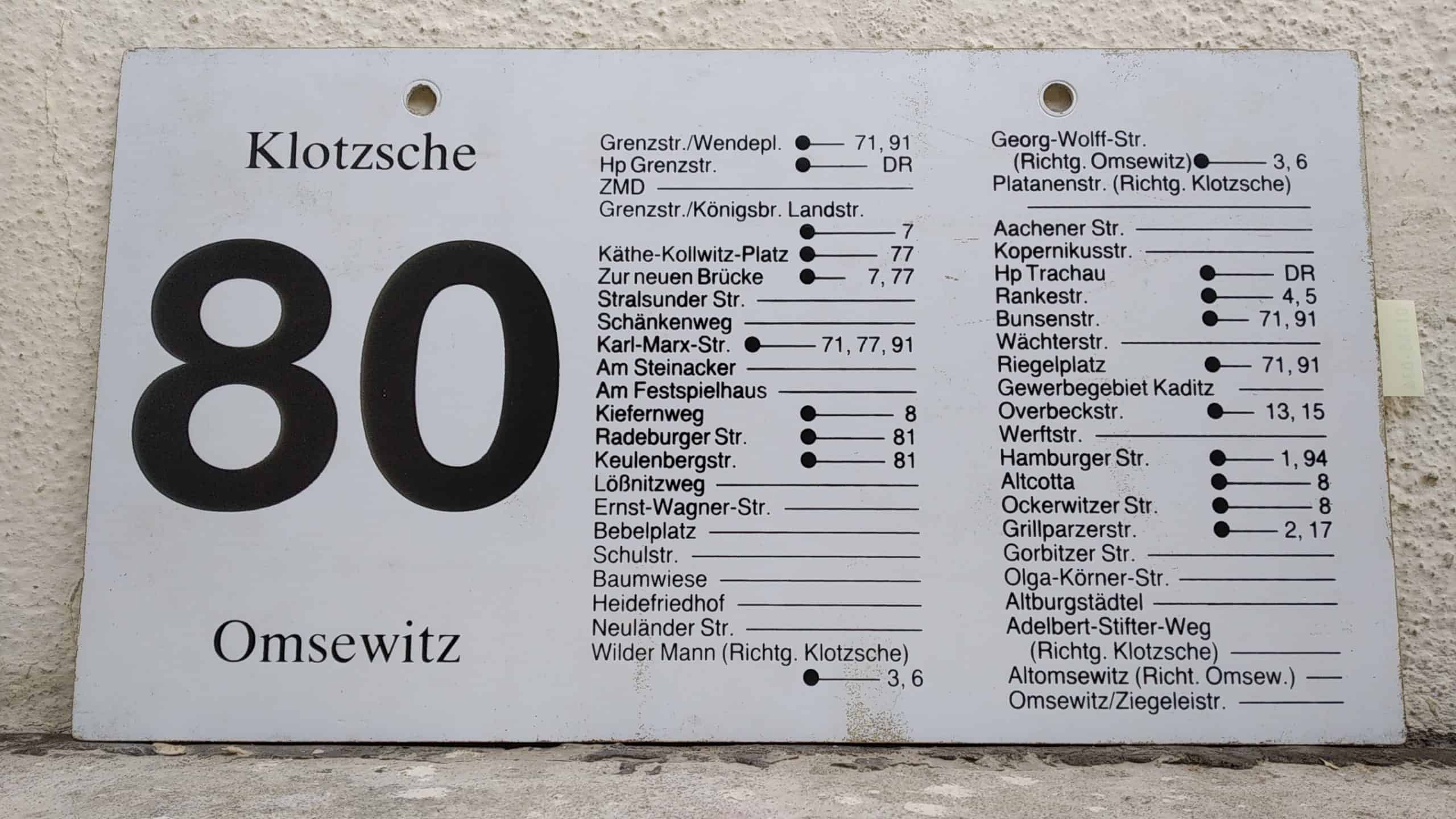 Ein seltenes Bus-Linienschild aus Dresden der Linie 80 von Klotzsche (Grenzstraße) nach Omsewitz #2