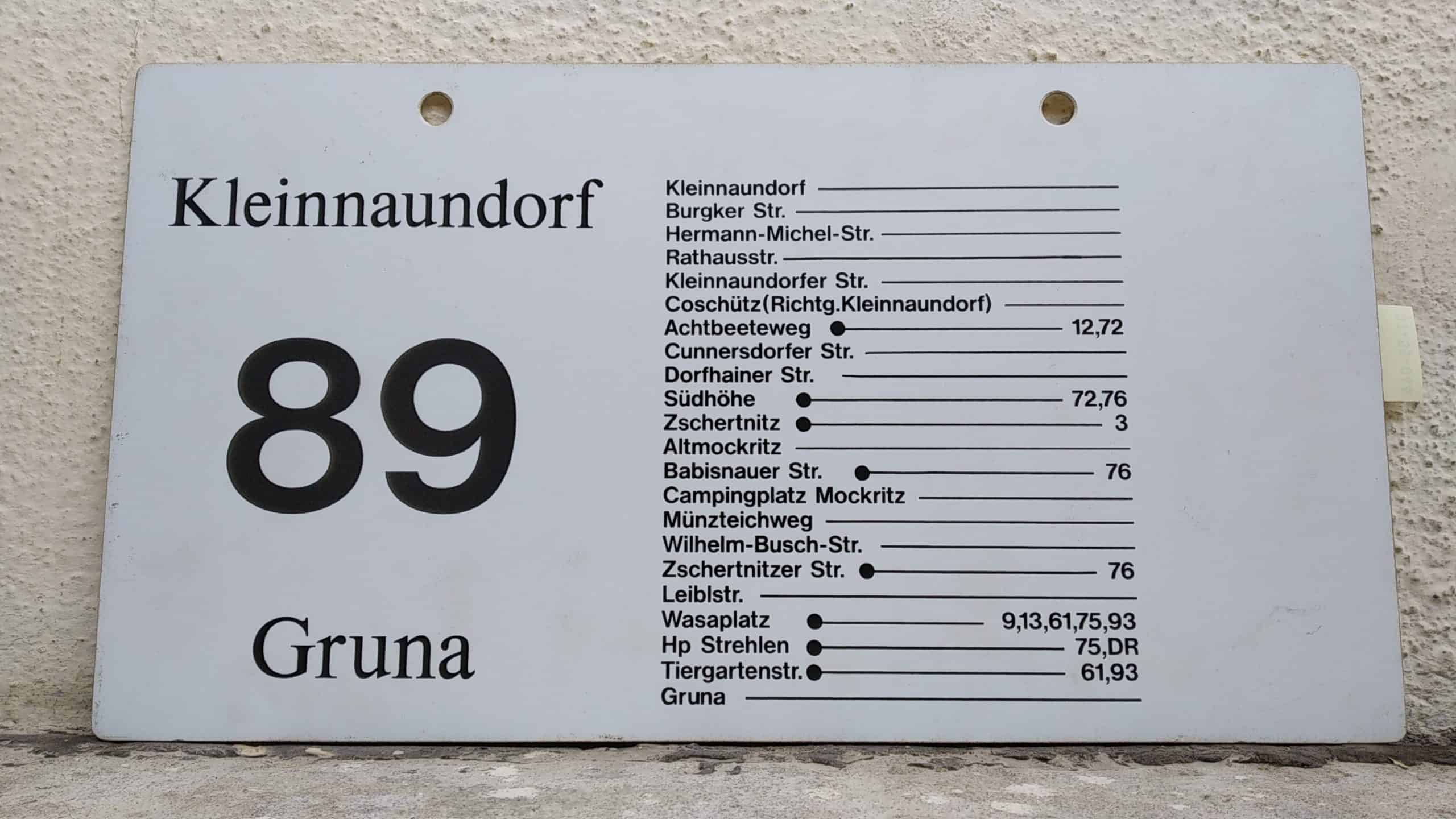Ein seltenes Bus-Linienschild aus Dresden der Linie 89 von Kleinnaundorf nach Gruna #2