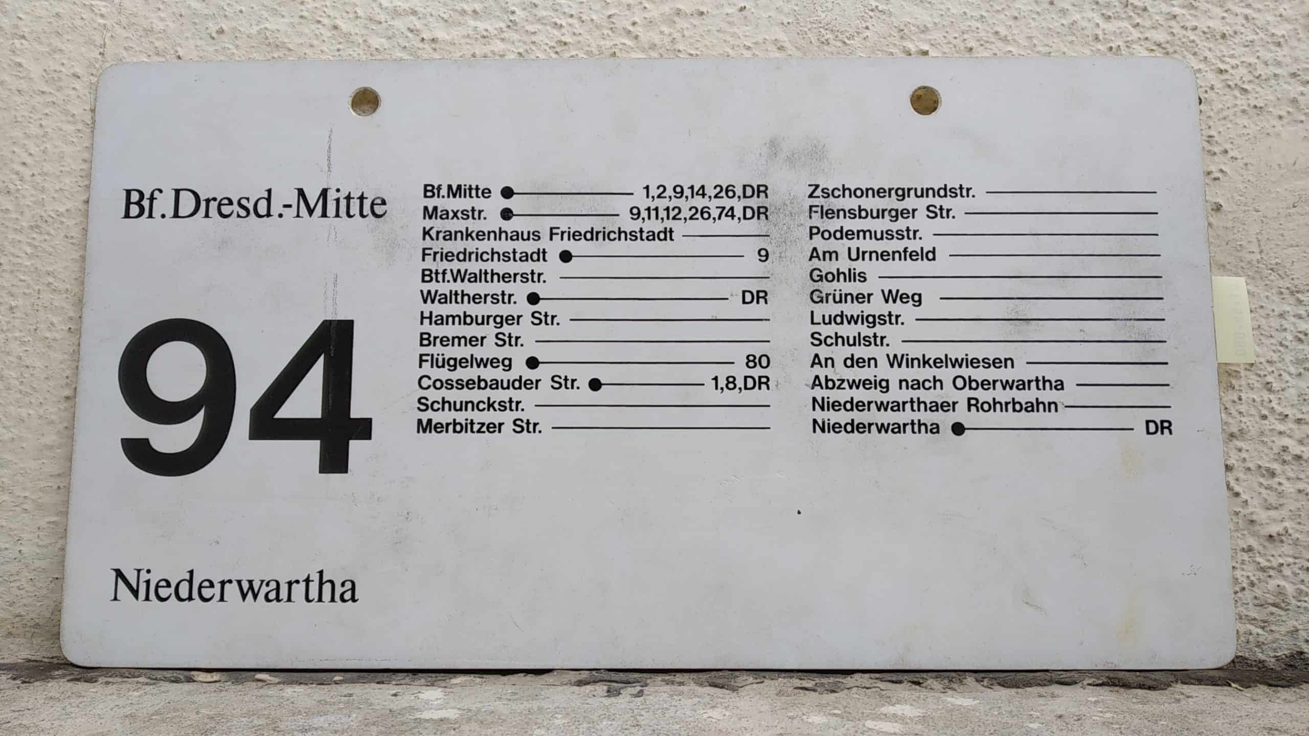 Ein seltenes Bus-Linienschild aus Dresden der Linie 94 von Bf.Dresd.nachMitte nach Niederwartha #2