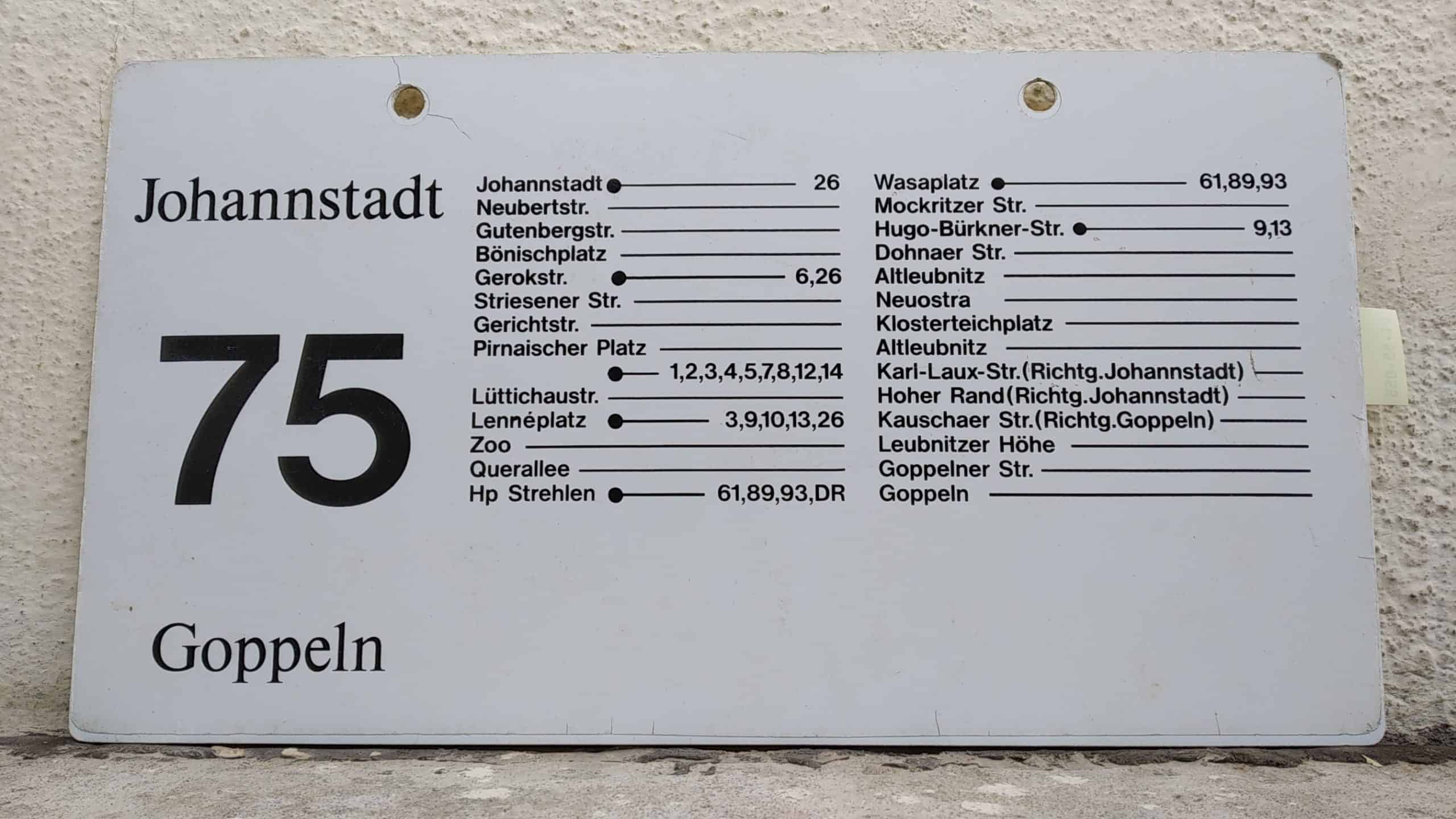 Ein seltenes Bus-Linienschild aus Dresden der Linie 75 von Johannstadt nach Goppeln #2