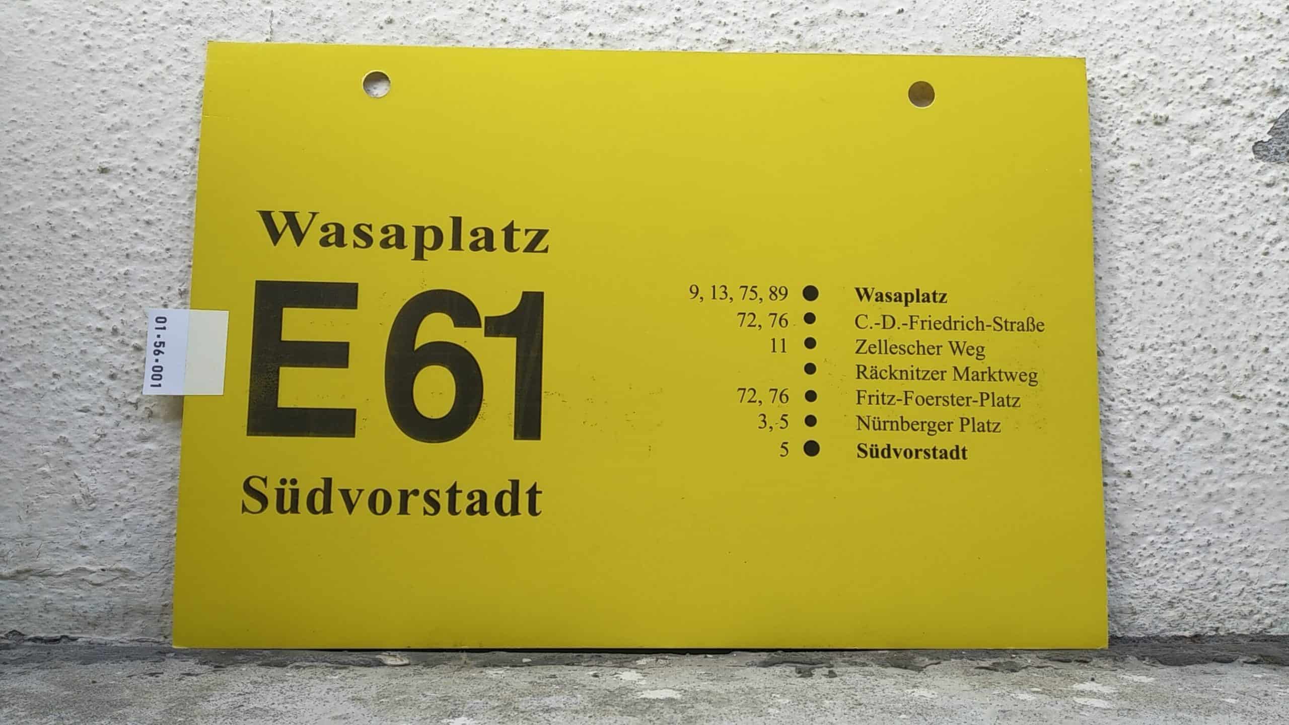 Ein seltenes Bus-Linienschild aus Dresden der Linie E 61 von Wasaplatz nach Südvorstadt #1