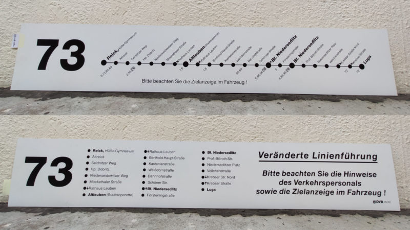 73 Reick,Hülße-Gymnasium – Altleuben(Stattsoperette) – Bf. Nie­der­sedlitz – Bf. Nie­der­sedlitz – Luga