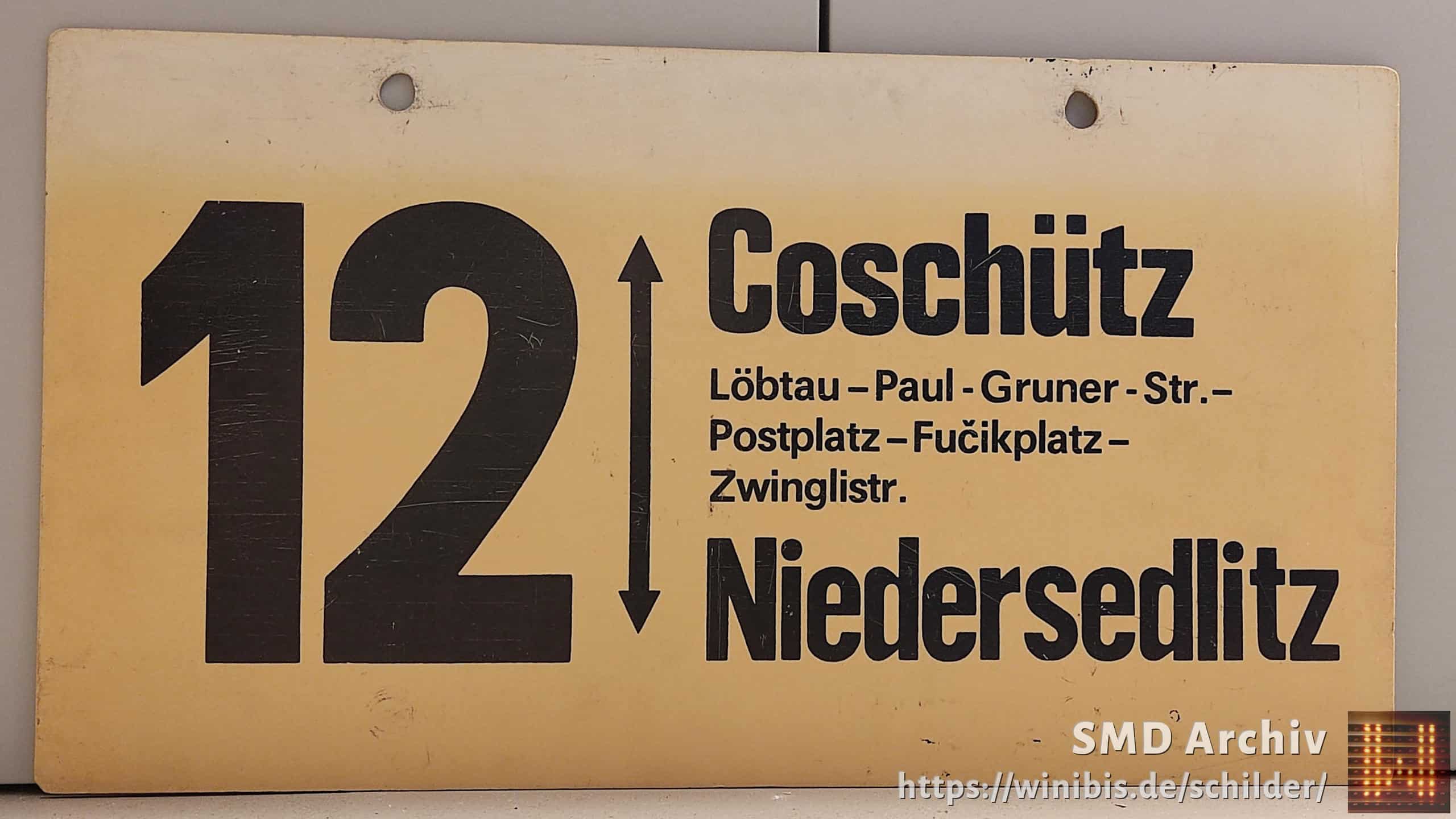 Ein seltenes Straßenbahn-Linienschild aus Dresden der Linie 12 von Coschütz nach Niedersedlitz #5