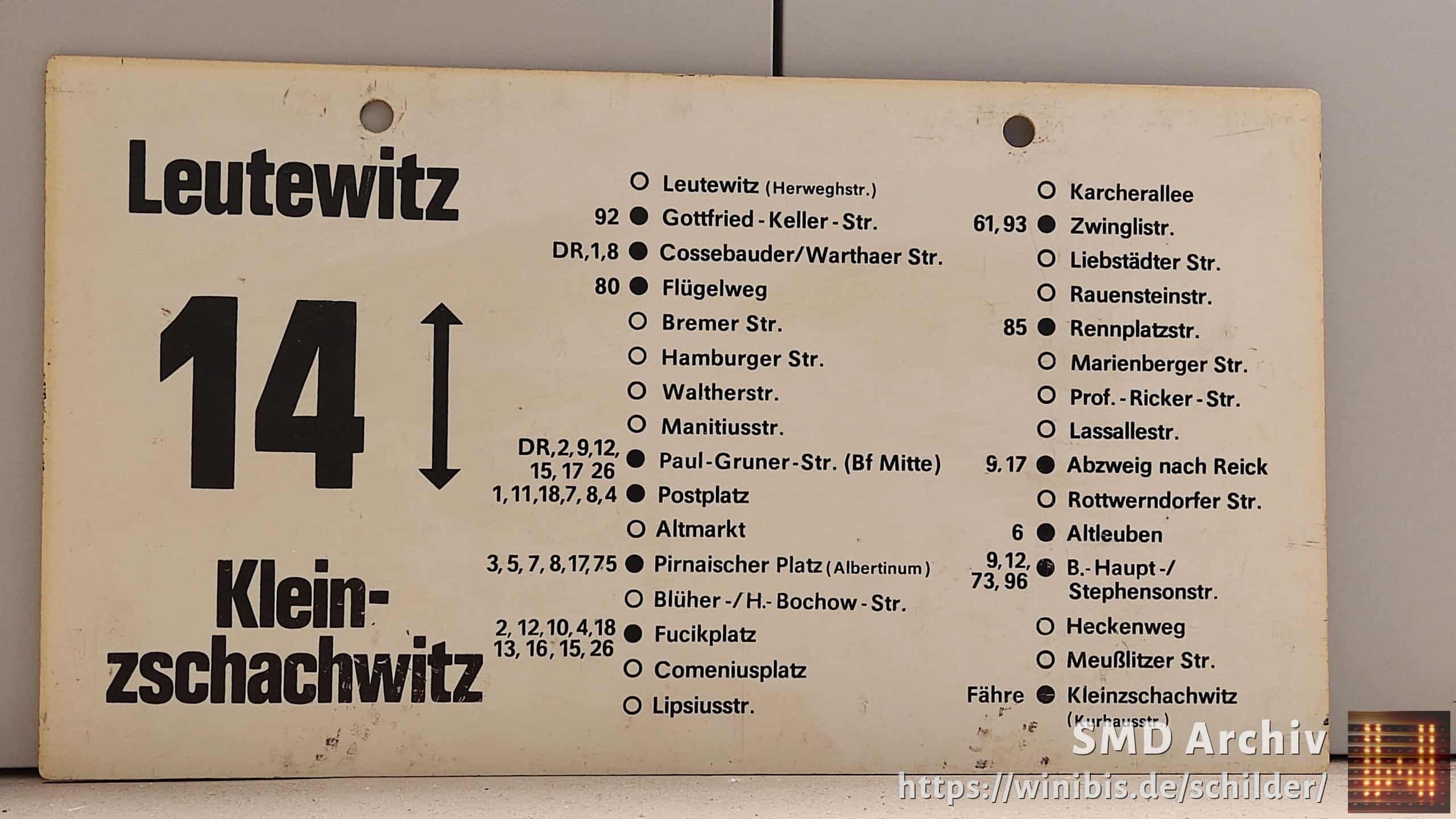 Ein seltenes Straßenbahn-Linienschild aus Dresden der Linie 14 von Leutewitz nach Kleinnach zschachwitz #6