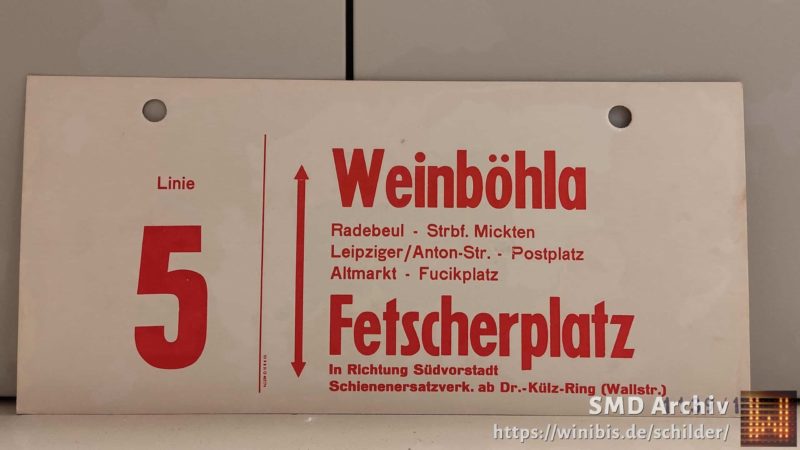Linie 5 Weinböhla – Fet­scher­platz In Richtung Süd­vor­stadt Schie­nen­er­satz­verk. ab Dr.-Külz-Ring (Wallstr.)