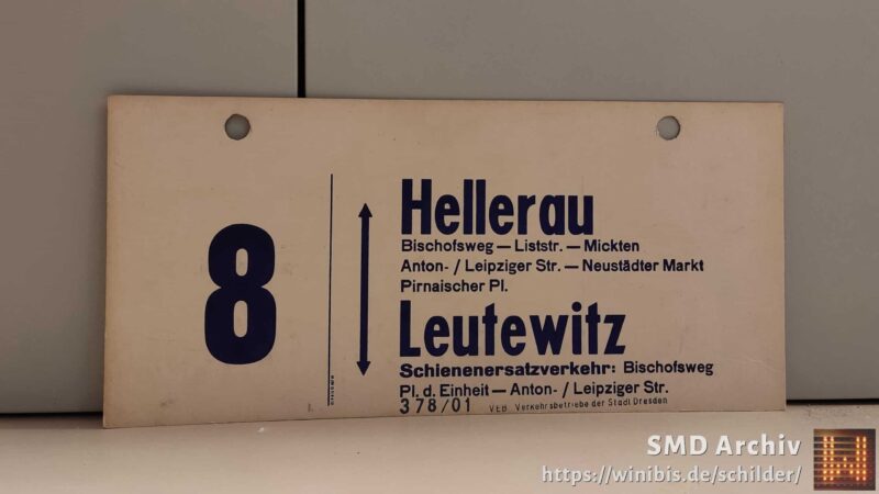 8 Hellerau – Leutewitz Schie­nen­er­satz­ver­kehr: Bischofsweg Pl. d. Einheit – Anton- /​ Leipziger Str.