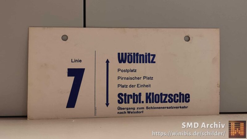 Linie 7 Wölfnitz – Strbf. Klotzsche Übergang zum Schienenersatzverkehr nach Weixdorf Linie 7 Wölfnitz – Strbf. Klotzsche Übergang zum Schienenersatzverkehr nach Weixdorf
