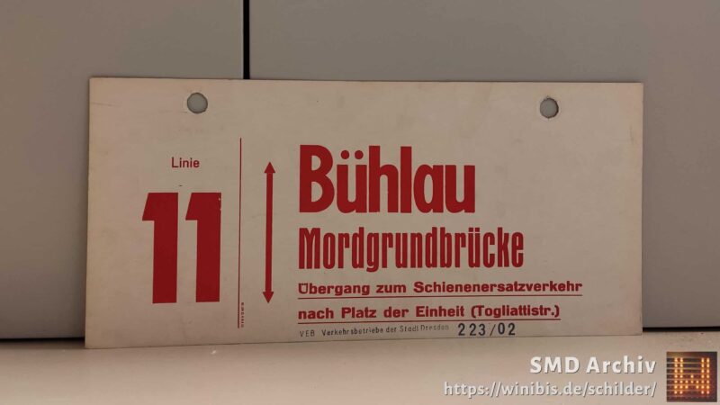 Linie 11 Bühlau – Mord­grund­brücke Übergang zum Schie­nen­er­satz­ver­kehr nach Platz der Einheit (Togliat­tistr.)