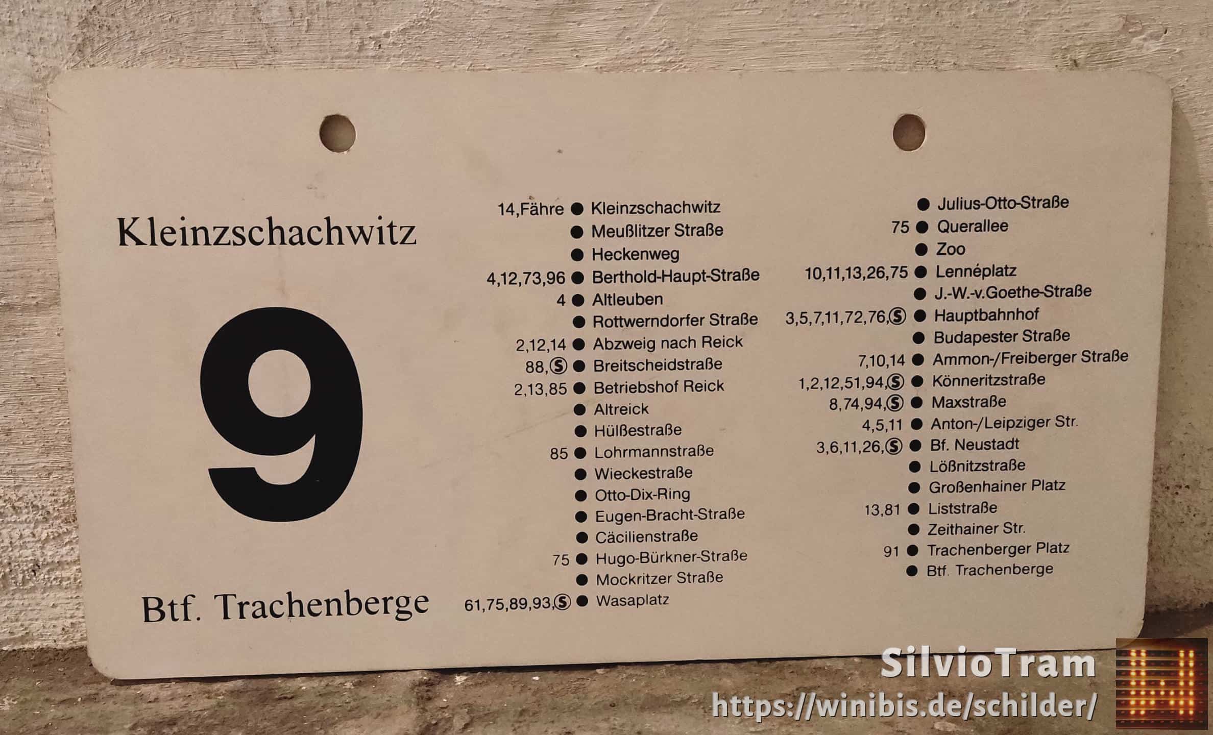 Ein seltenes Straßenbahn-Linienschild aus Dresden der Linie 9 von Kleinzschachwitz nach Btf. Trachenberge #4