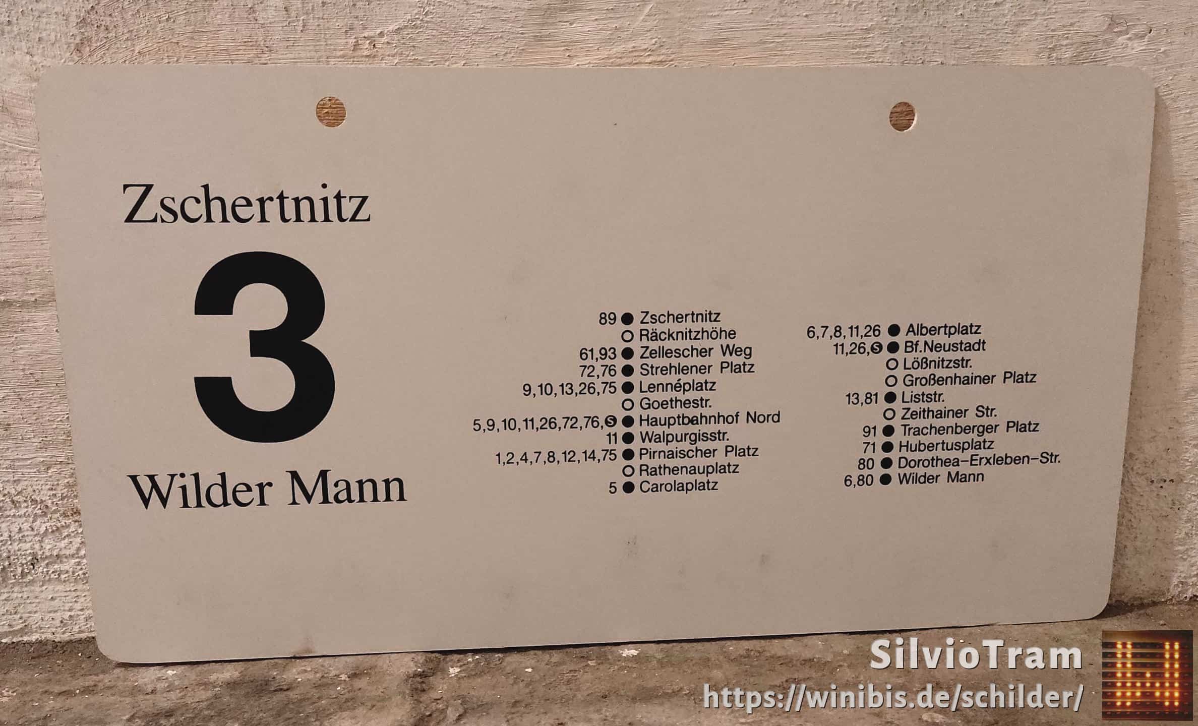 Ein seltenes Straßenbahn-Linienschild aus Dresden der Linie 3 von Zschertnitz nach Wilder Mann #4