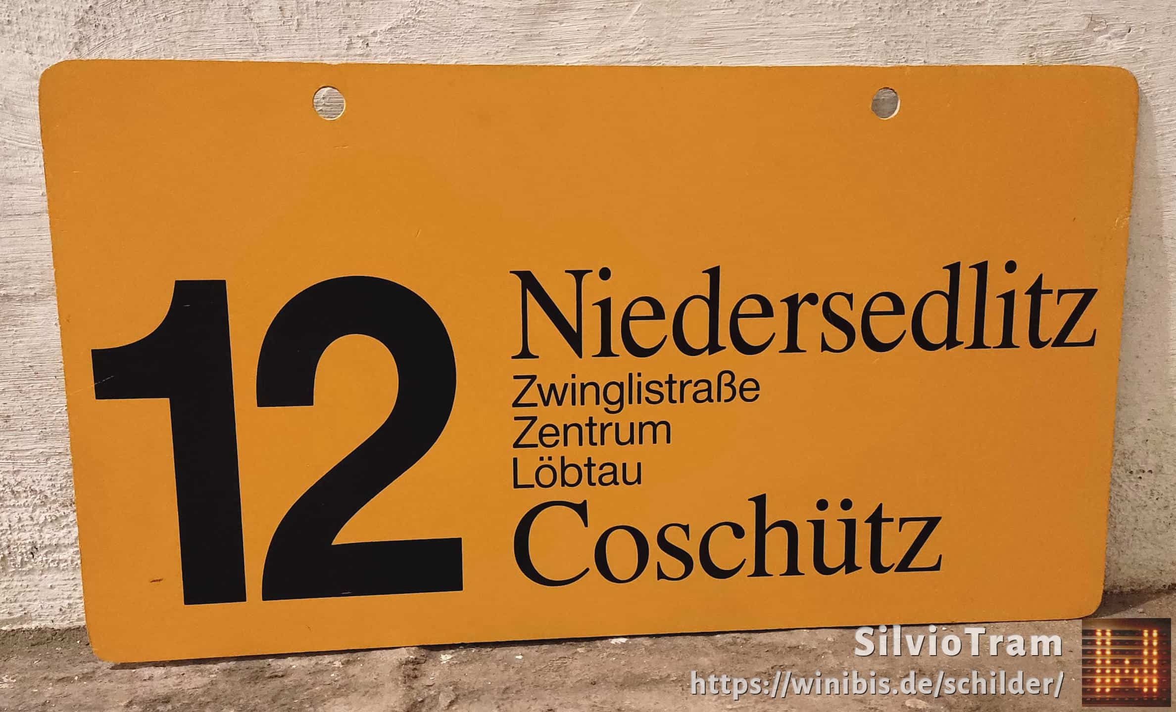 Ein seltenes Straßenbahn-Linienschild aus Dresden der Linie 12 von Niedersedlitz nach Coschütz #3