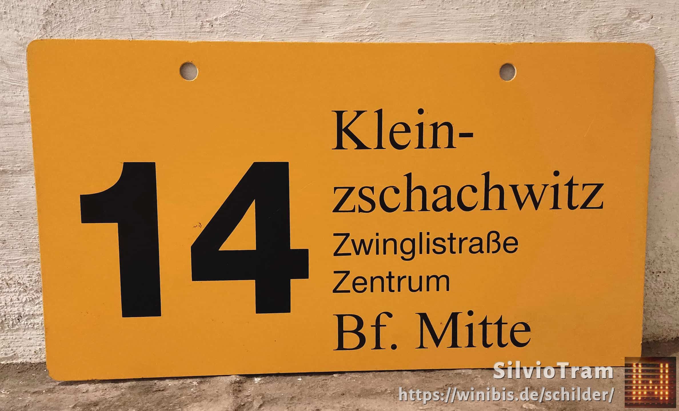 Ein seltenes Straßenbahn-Linienschild aus Dresden der Linie 14 von Kleinnach zschachwitz nach Bf. Mitte #3
