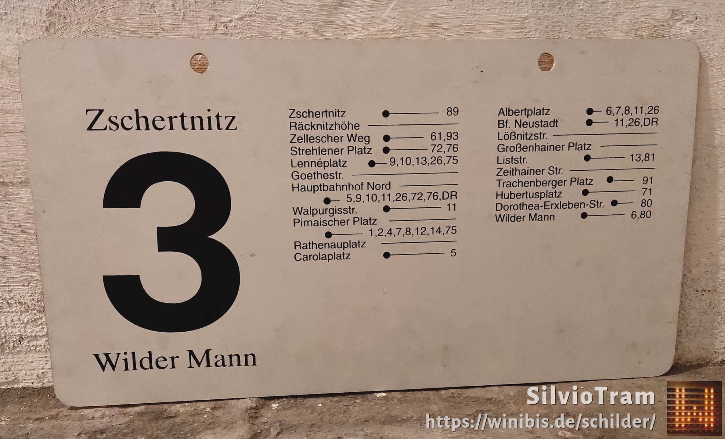 Ein seltenes Straßenbahn-Linienschild aus Dresden der Linie 3 von Zschertnitz nach Wilder Mann #4