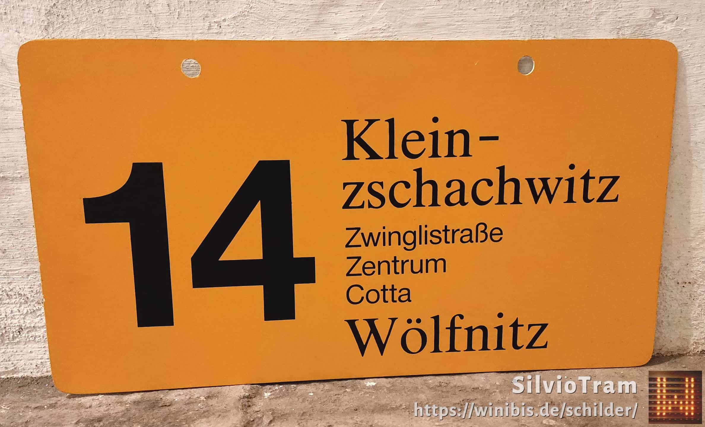 Ein seltenes Straßenbahn-Linienschild aus Dresden der Linie 14 von Kleinnach zschachwitz nach Wölfnitz #3