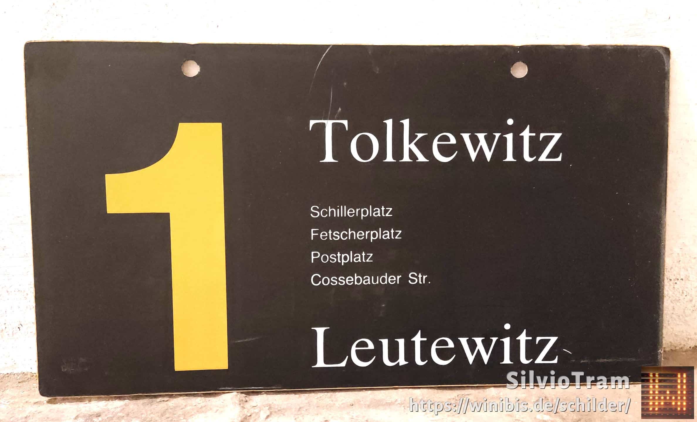 Ein seltenes Straßenbahn-Linienschild aus Dresden der Linie 1 von Tolkewitz nach Leutewitz #3