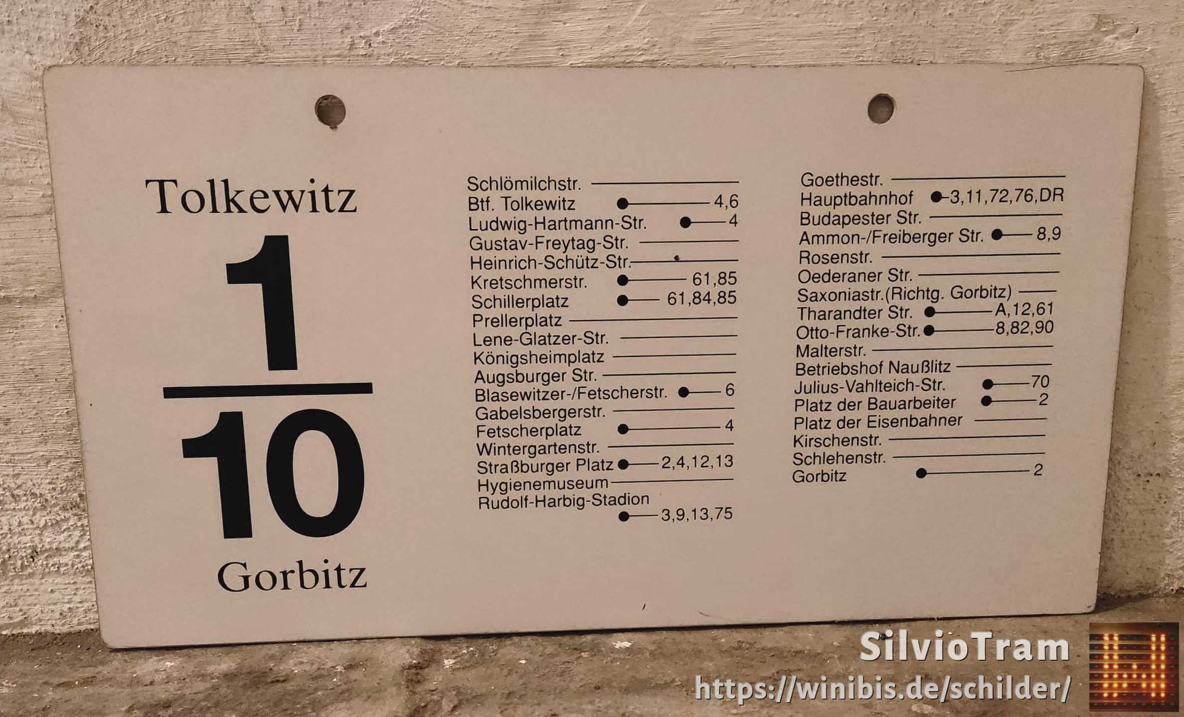 Ein seltenes Straßenbahn-Linienschild aus Dresden der Linie 1/10 von Tolkewitz nach Gorbitz #4