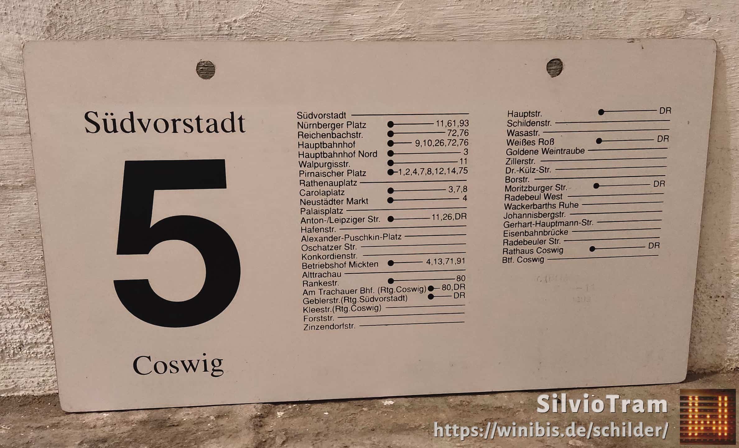 Ein seltenes Straßenbahn-Linienschild aus Dresden der Linie 5 von Südvorstadt nach Coswig #4
