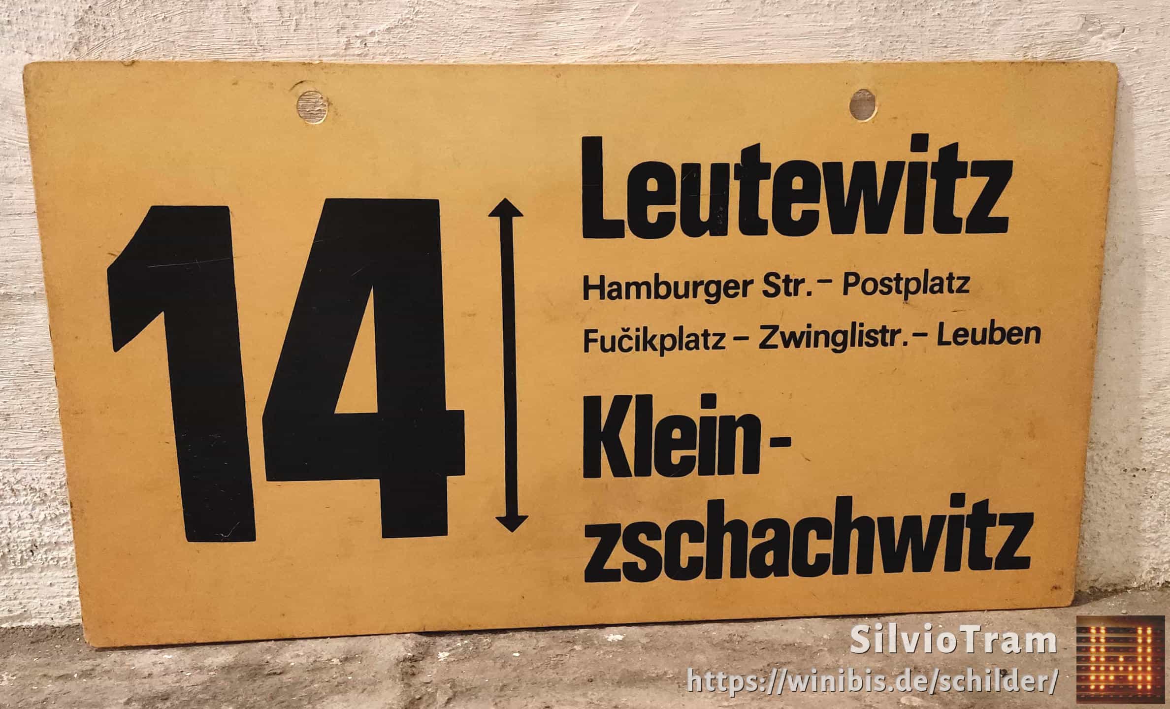 Ein seltenes Straßenbahn-Linienschild aus Dresden der Linie 14 von Leutewitz nach Kleinnach zschachwitz #3
